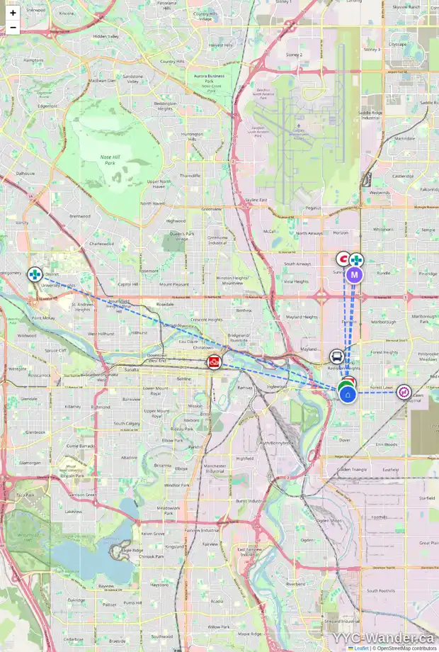 Daily accessibility map for 3201 19 AV SE, Calgary showing nearby schools, grocery stores, parks, LRT stations and nearby amenities