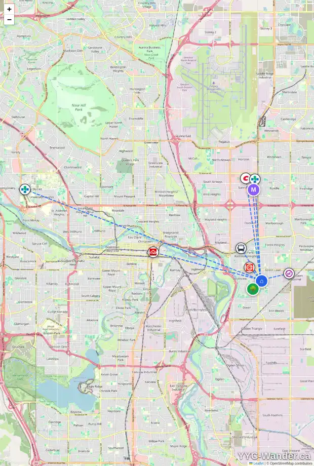 Daily accessibility map for 2240 37 ST SE, Calgary showing nearby schools, grocery stores, parks, LRT stations and nearby amenities