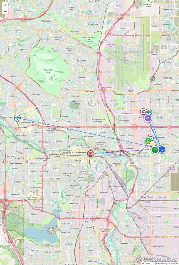 Daily accessibility map for 4602 4 AV SE, Calgary showing nearby schools, grocery stores, parks, LRT stations and nearby amenities