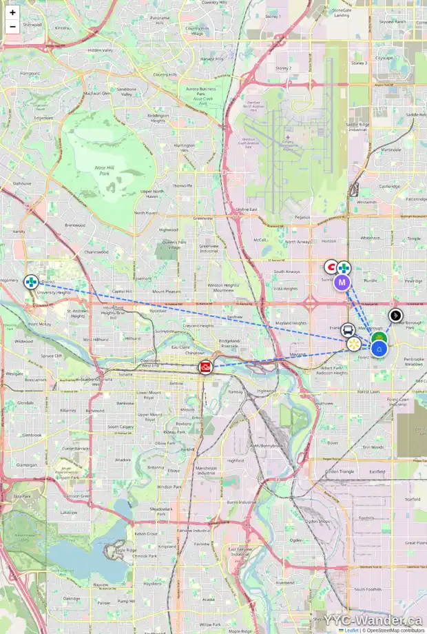 Daily accessibility map for 4719 MEMORIAL DR SE, Calgary showing nearby schools, grocery stores, parks, LRT stations and nearby amenities