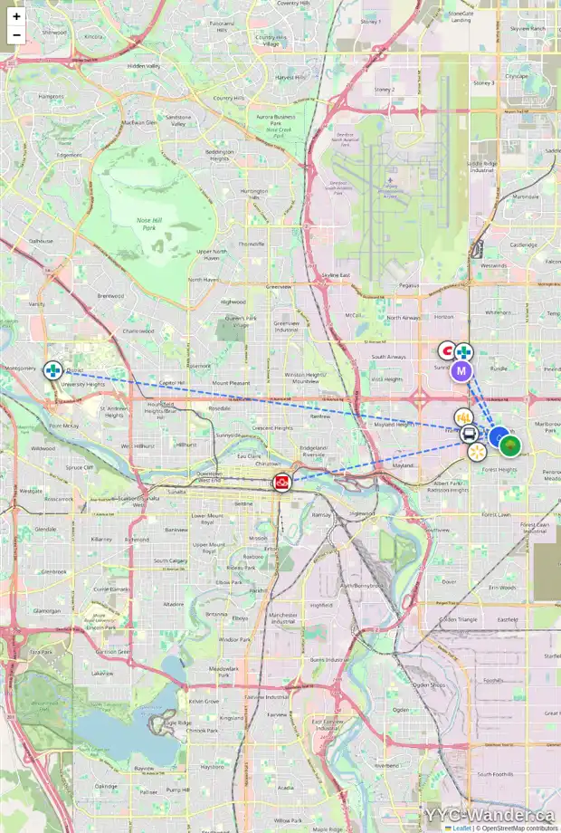 Daily accessibility map for 16 MARYVALE CR NE, Calgary showing nearby schools, grocery stores, parks, LRT stations and nearby amenities
