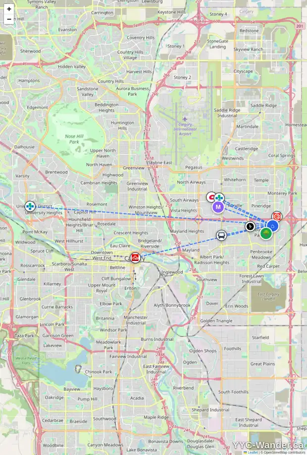 Daily accessibility map for 390 MAITLAND HL NE, Calgary showing nearby schools, grocery stores, parks, LRT stations and nearby amenities