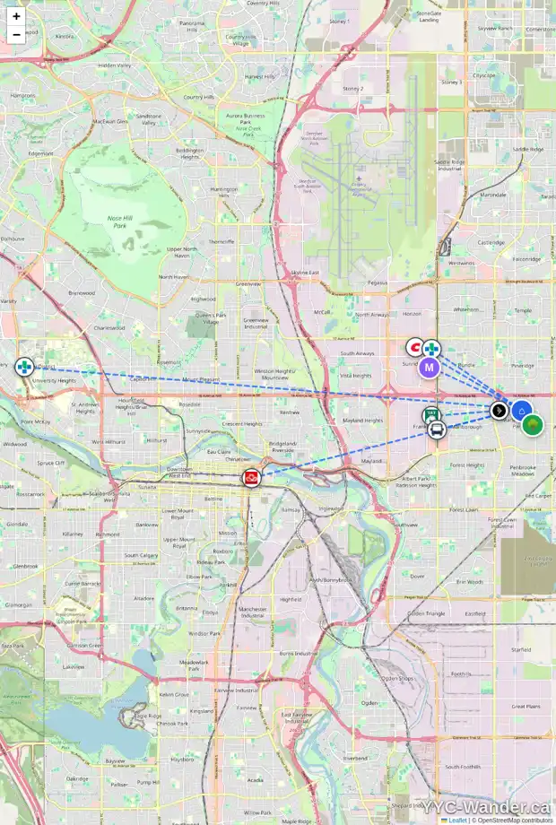 Daily accessibility map for 5740 MADIGAN DR NE, Calgary showing nearby schools, grocery stores, parks, LRT stations and nearby amenities