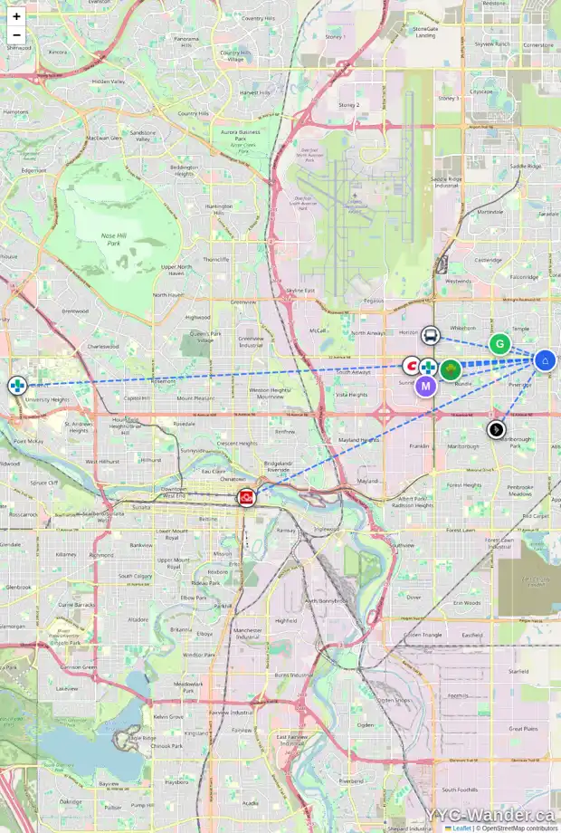 Daily accessibility map for 1063 PINECLIFF DR NE, Calgary showing nearby schools, grocery stores, parks, LRT stations and nearby amenities