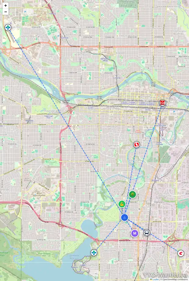 Daily accessibility map for 406 727 56 AV SW, Calgary showing nearby schools, grocery stores, parks, LRT stations and nearby amenities