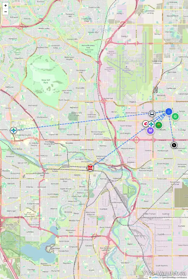 Daily accessibility map for 204 WHITERIDGE PL NE, Calgary showing nearby schools, grocery stores, parks, LRT stations and nearby amenities