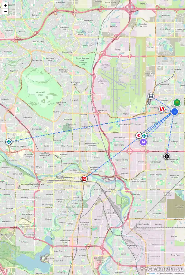Daily accessibility map for 204 310 FALCONRIDGE CR NE, Calgary showing nearby schools, grocery stores, parks, LRT stations and nearby amenities