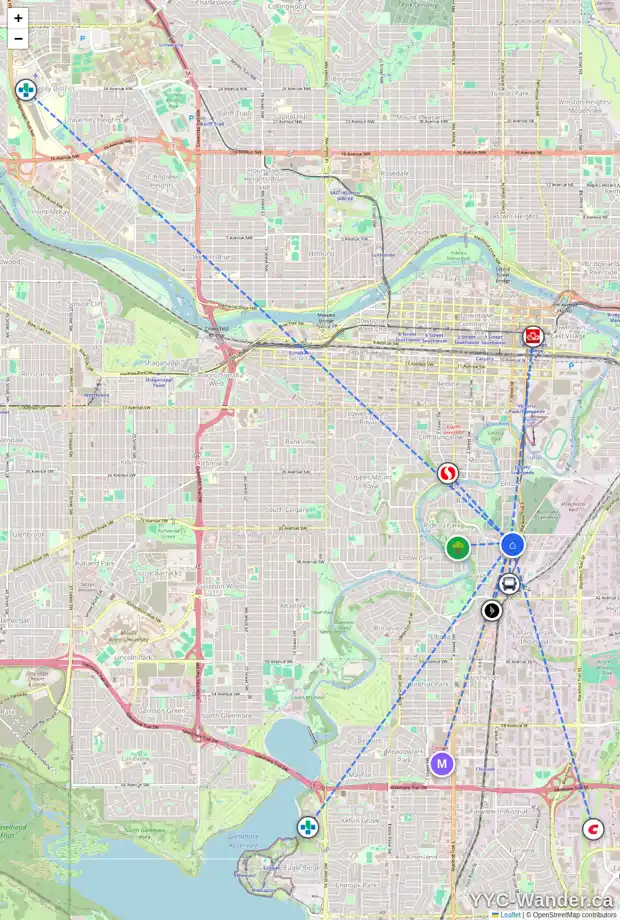 Daily accessibility map for 3628 ERLTON CO SW, Calgary showing nearby schools, grocery stores, parks, LRT stations and nearby amenities