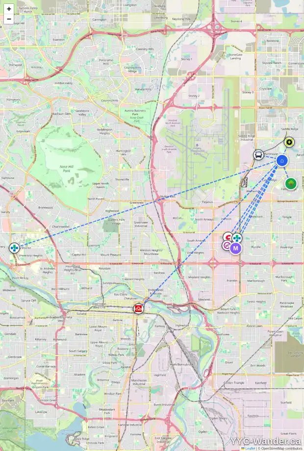 Daily accessibility map for 120 MARTINWOOD CO NE, Calgary showing nearby schools, grocery stores, parks, LRT stations and nearby amenities