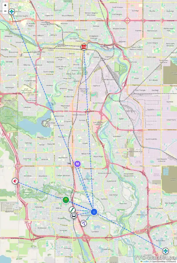 Daily accessibility map for 215 MIDVALLEY DR SE, Calgary showing nearby schools, grocery stores, parks, LRT stations and nearby amenities