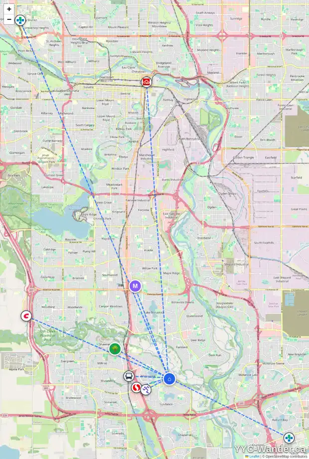 Daily accessibility map for 64 MIDVALLEY CR SE, Calgary showing nearby schools, grocery stores, parks, LRT stations and nearby amenities