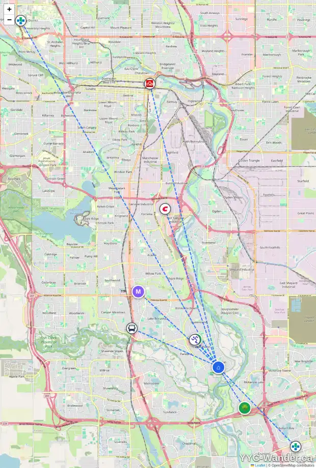 Daily accessibility map for 511 DEER PARK RD SE, Calgary showing nearby schools, grocery stores, parks, LRT stations and nearby amenities