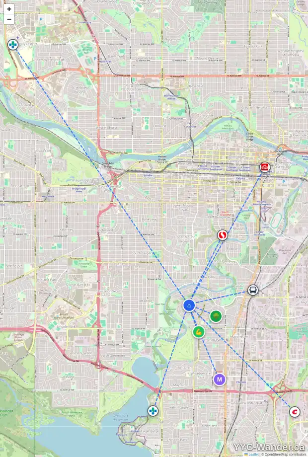 Daily accessibility map for 4403 CORONATION DR SW, Calgary showing nearby schools, grocery stores, parks, LRT stations and nearby amenities