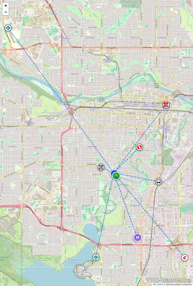 Daily accessibility map for 3824 10 ST SW, Calgary showing nearby schools, grocery stores, parks, LRT stations and nearby amenities