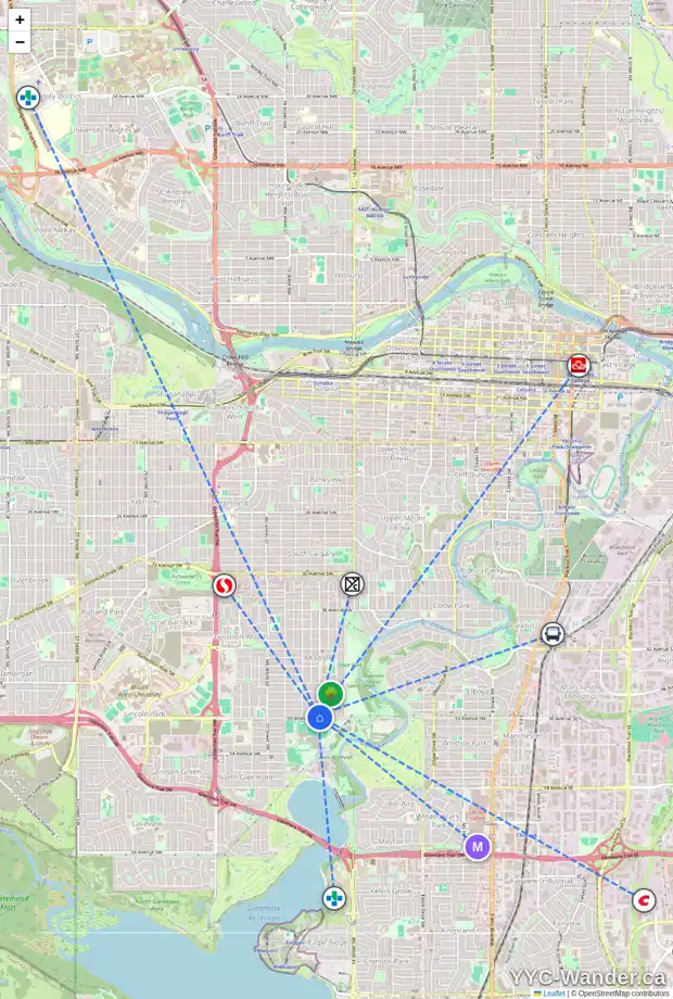 Daily accessibility map for 1704 50 AV SW, Calgary showing nearby schools, grocery stores, parks, LRT stations and nearby amenities