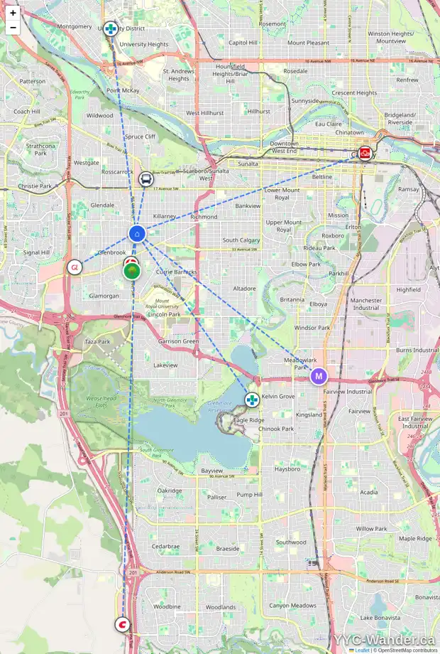 Daily accessibility map for 3015 36 ST SW, Calgary showing nearby schools, grocery stores, parks, LRT stations and nearby amenities
