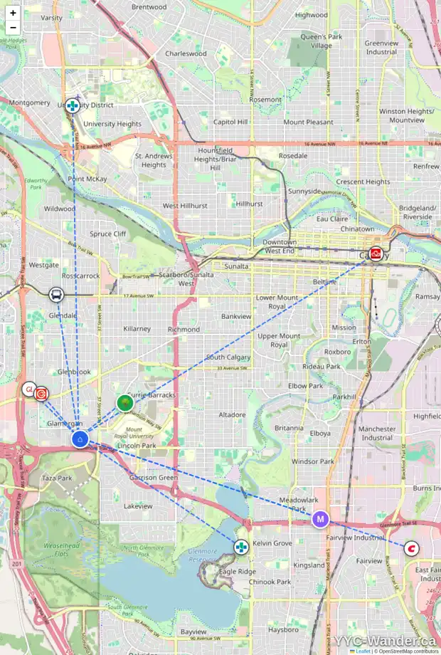 Daily accessibility map for 123 GLACIER DR SW, Calgary showing nearby schools, grocery stores, parks, LRT stations and nearby amenities