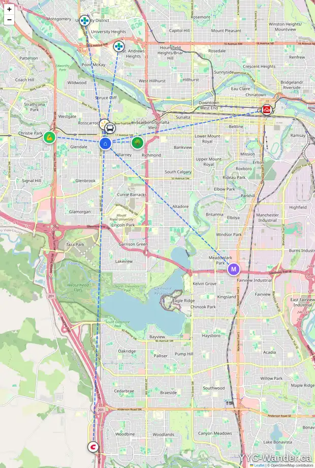 Daily accessibility map for 2024 36 ST SW, Calgary showing nearby schools, grocery stores, parks, LRT stations and nearby amenities