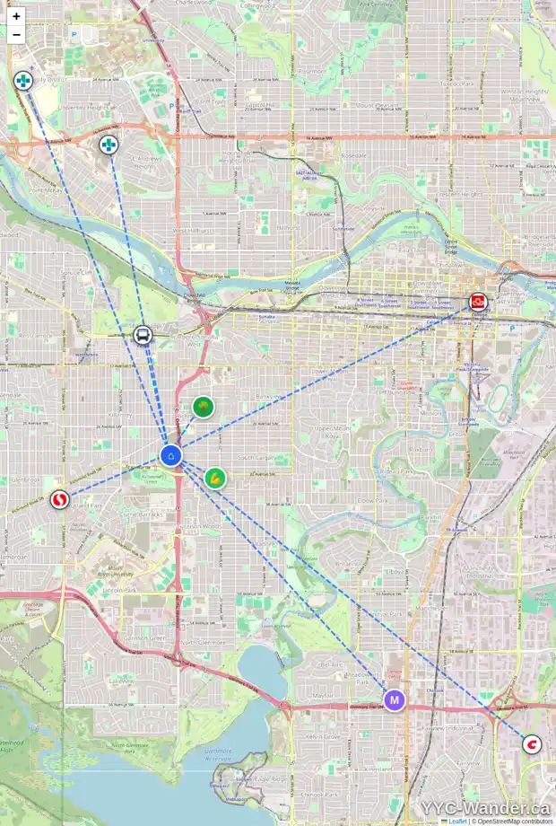 Daily accessibility map for 3203 24A ST SW, Calgary showing nearby schools, grocery stores, parks, LRT stations and nearby amenities
