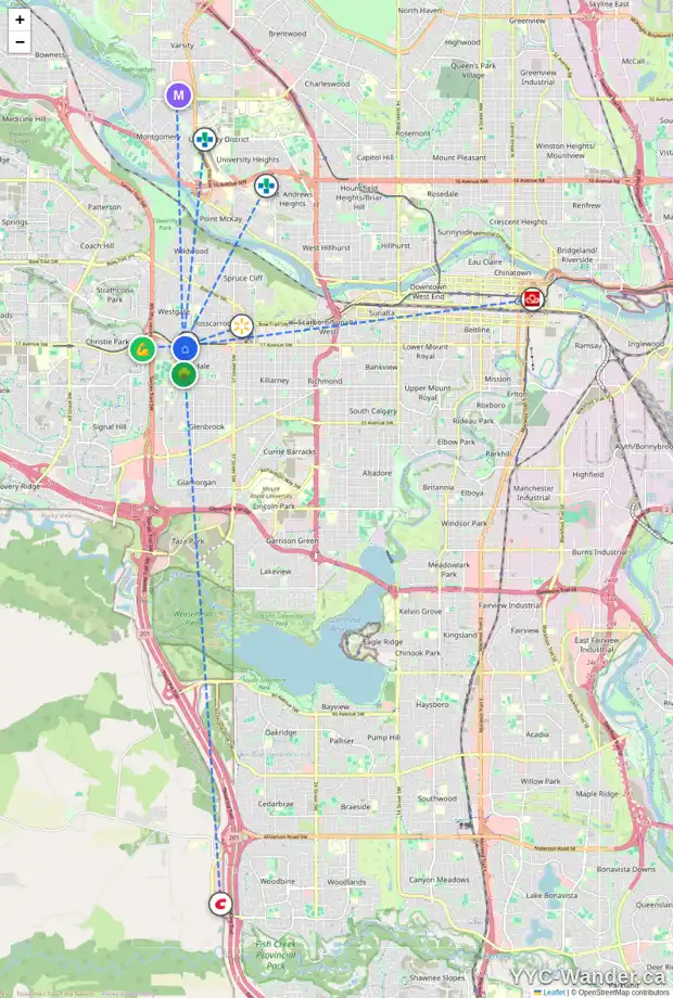 Daily accessibility map for 4719 17 AV SW, Calgary showing nearby schools, grocery stores, parks, LRT stations and nearby amenities