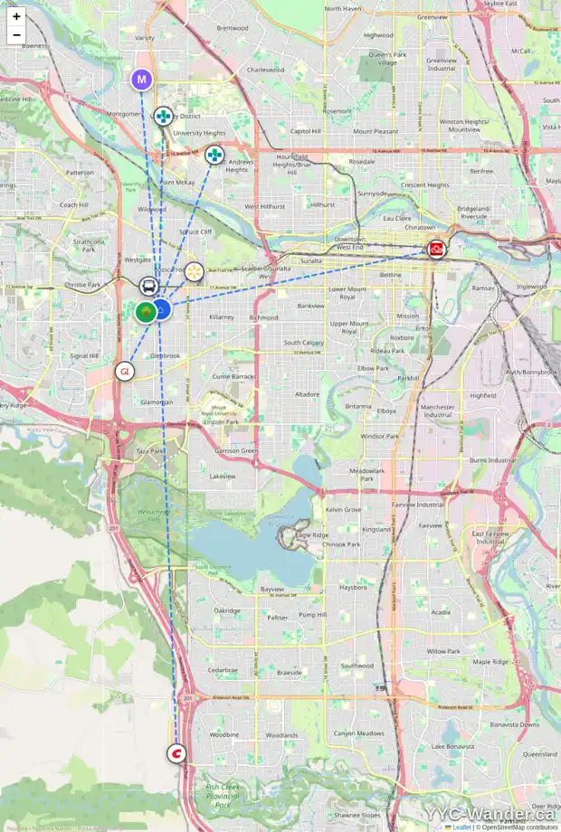 Daily accessibility map for 4519 GLENMERE RD SW, Calgary showing nearby schools, grocery stores, parks, LRT stations and nearby amenities