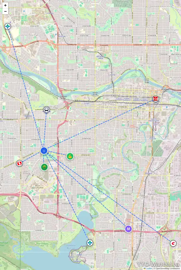 Daily accessibility map for 3223 27 ST SW, Calgary showing nearby schools, grocery stores, parks, LRT stations and nearby amenities