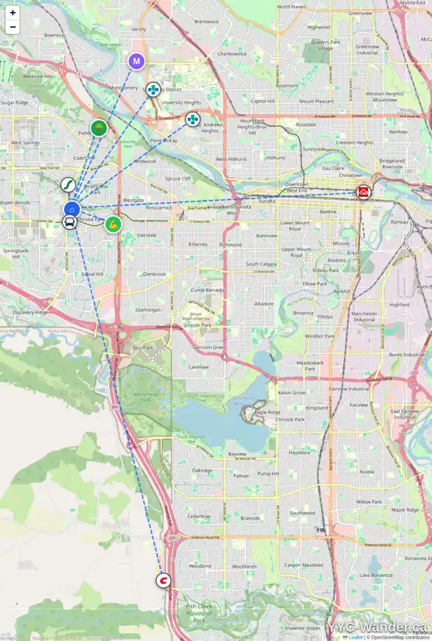 Daily accessibility map for 123 CHRISTIE KNOLL PT SW, Calgary showing nearby schools, grocery stores, parks, LRT stations and nearby amenities