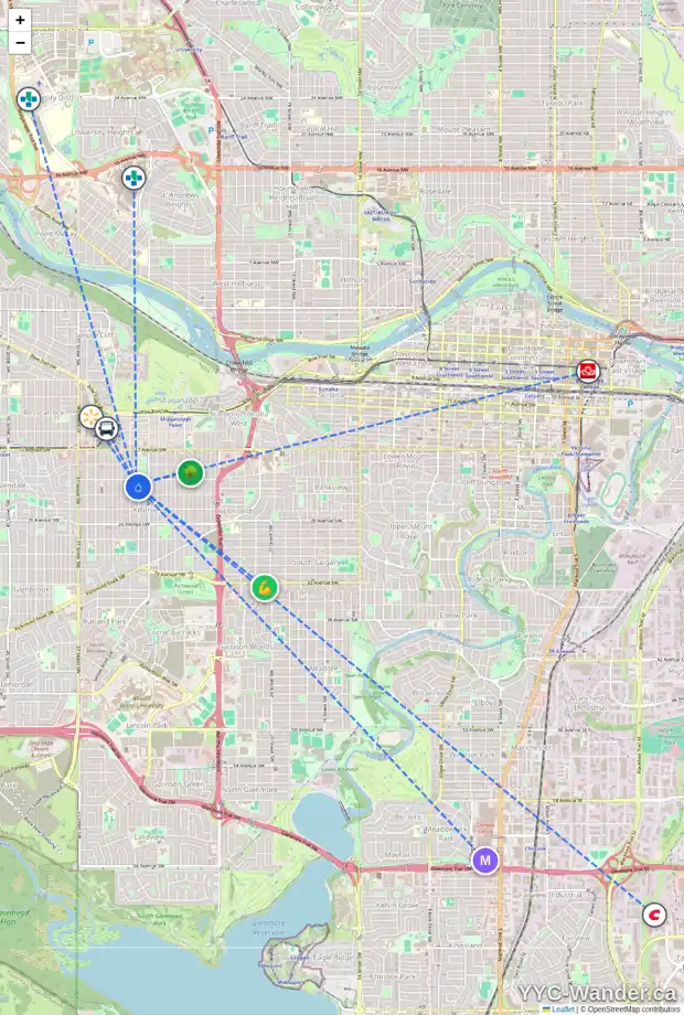 Daily accessibility map for 2215 30 ST SW, Calgary showing nearby schools, grocery stores, parks, LRT stations and nearby amenities