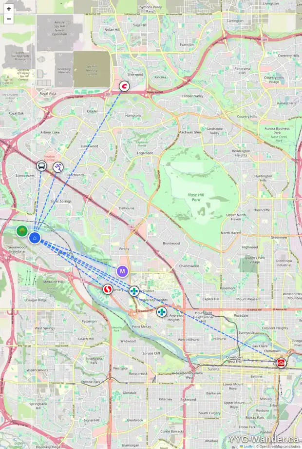 Daily accessibility map for 8627 48 AV NW, Calgary showing nearby schools, grocery stores, parks, LRT stations and nearby amenities