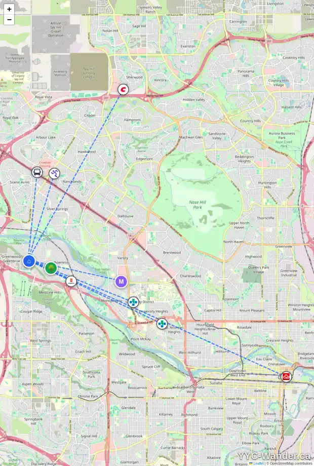 Daily accessibility map for 8603 33 AV NW, Calgary showing nearby schools, grocery stores, parks, LRT stations and nearby amenities