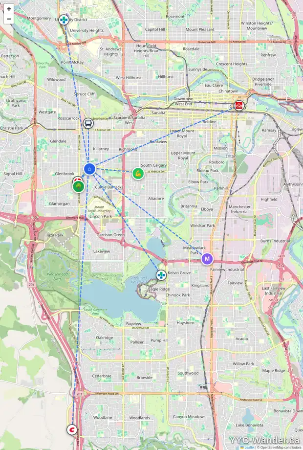 Daily accessibility map for 3215 KENMARE CR SW, Calgary showing nearby schools, grocery stores, parks, LRT stations and nearby amenities