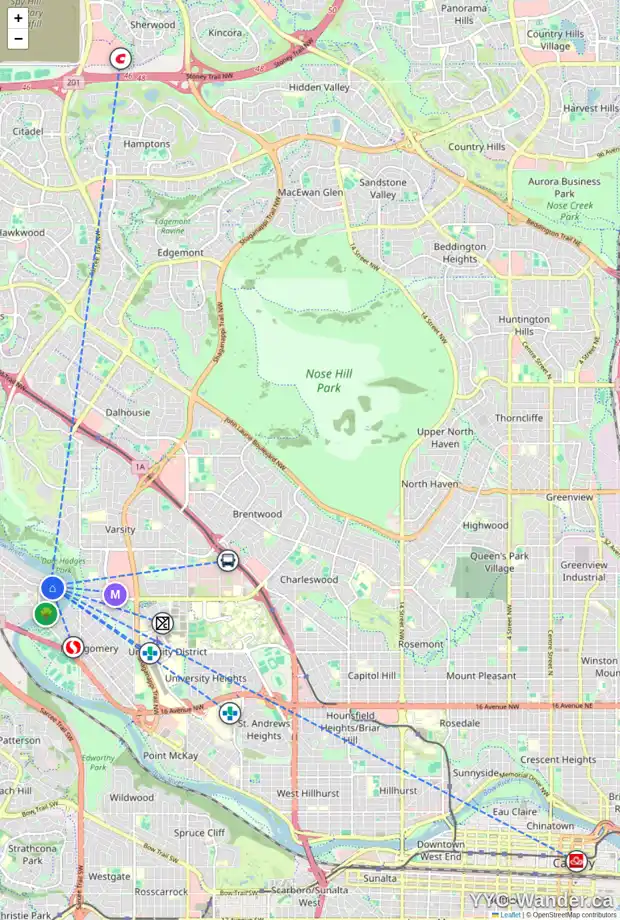 Daily accessibility map for 6004 BOWWATER CR NW, Calgary showing nearby schools, grocery stores, parks, LRT stations and nearby amenities