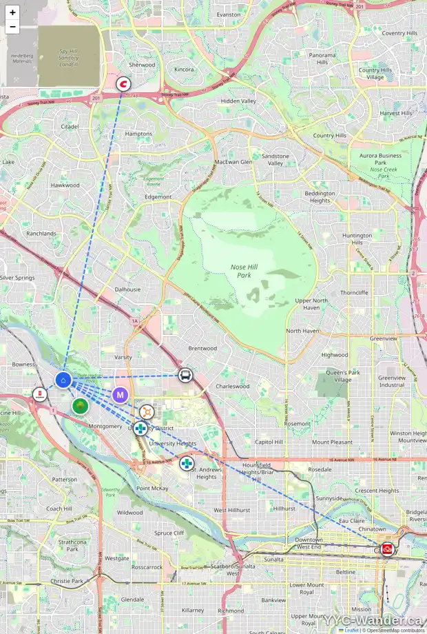 Daily accessibility map for 6323 BOW CR NW, Calgary showing nearby schools, grocery stores, parks, LRT stations and nearby amenities