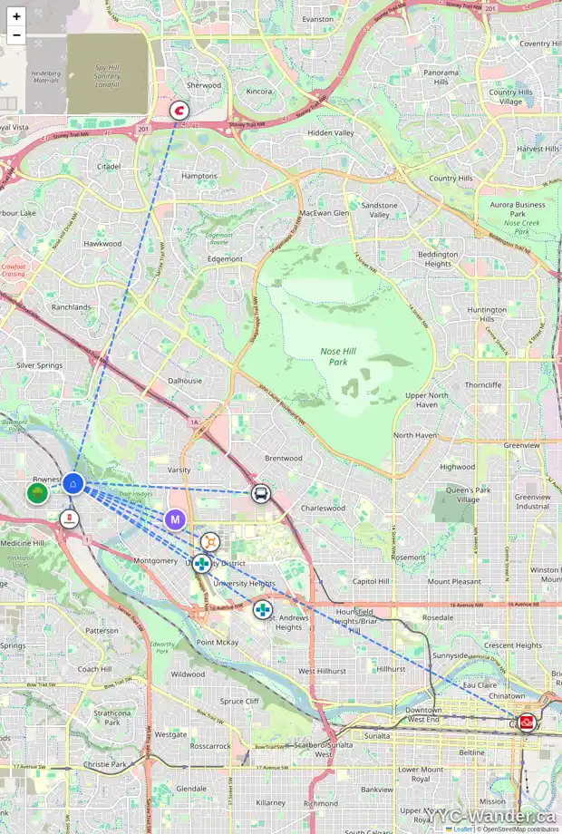Daily accessibility map for 6716 BOWNESS RD NW, Calgary showing nearby schools, grocery stores, parks, LRT stations and nearby amenities