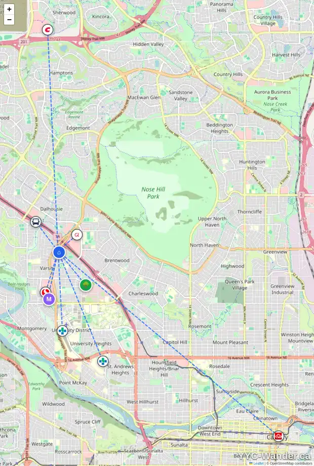 Daily accessibility map for 4815 VERONA DR NW, Calgary showing nearby schools, grocery stores, parks, LRT stations and nearby amenities