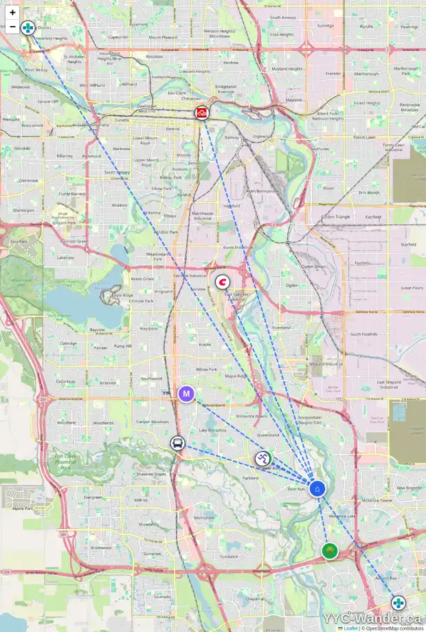 Daily accessibility map for 216 DEERBROOK CO SE, Calgary showing nearby schools, grocery stores, parks, LRT stations and nearby amenities
