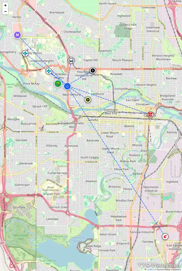 Daily accessibility map for 2516 7 AV NW, Calgary showing nearby schools, grocery stores, parks, LRT stations and nearby amenities