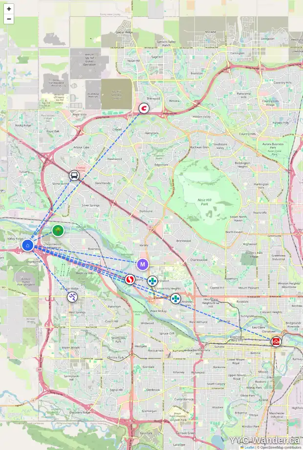 Daily accessibility map for 44 VALLEY MEADOW CL NW, Calgary showing nearby schools, grocery stores, parks, LRT stations and nearby amenities