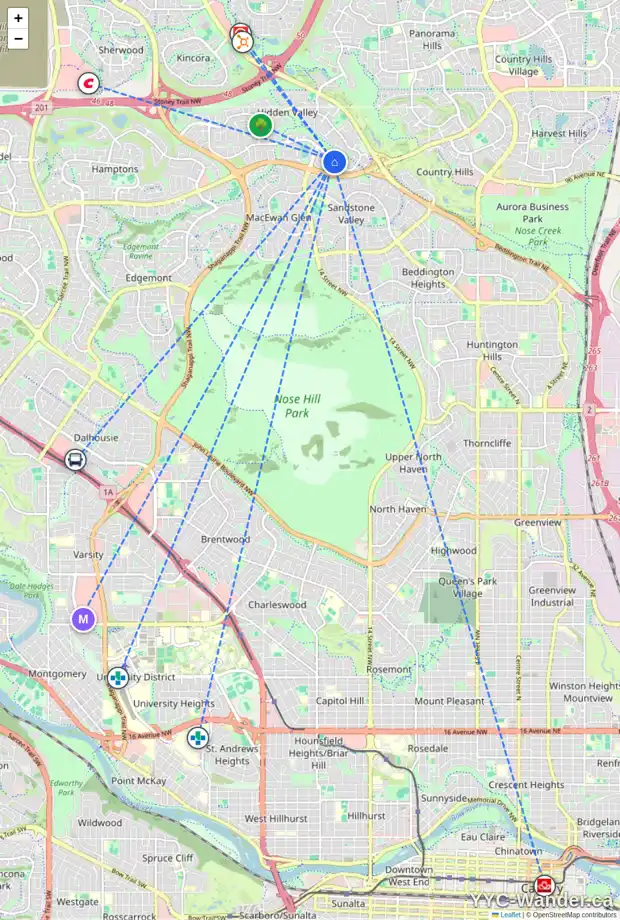 Daily accessibility map for 267 HIDDEN VALE PL NW, Calgary showing nearby schools, grocery stores, parks, LRT stations and nearby amenities