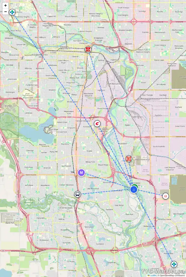 Daily accessibility map for 183 DOUGLAS SHORE CL SE, Calgary showing nearby schools, grocery stores, parks, LRT stations and nearby amenities