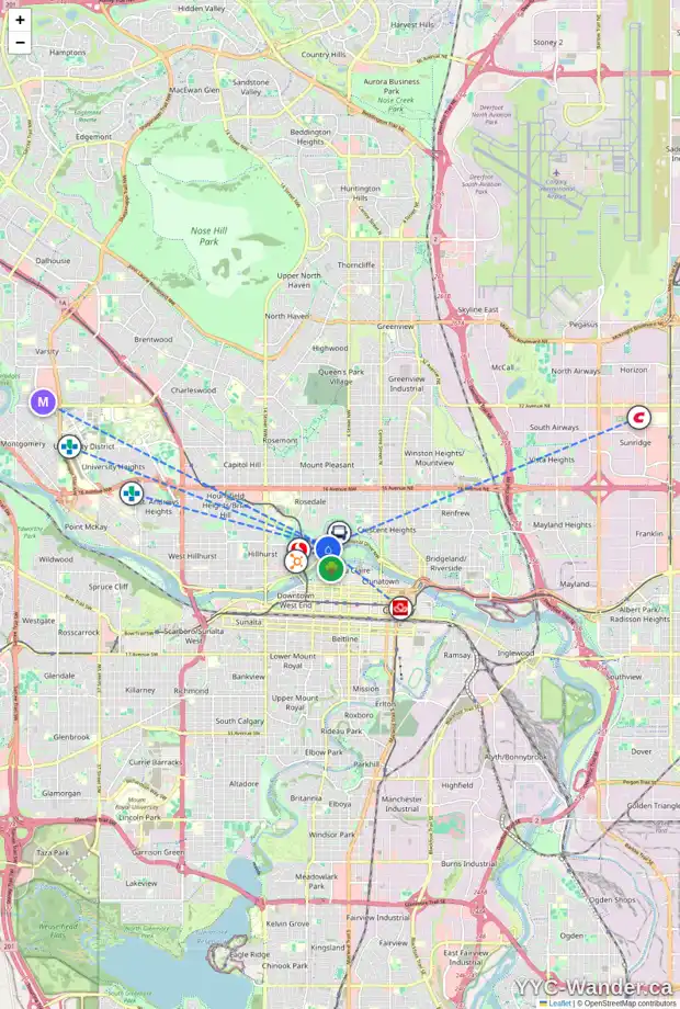 Daily accessibility map for 201 727 1 AV NW, Calgary showing nearby schools, grocery stores, parks, LRT stations and nearby amenities
