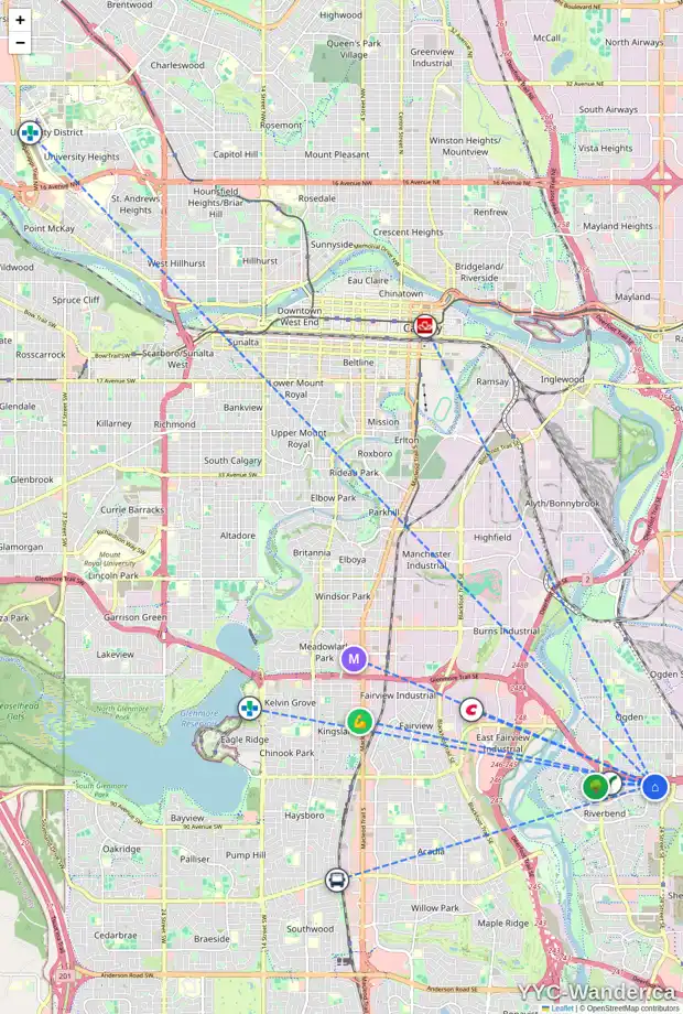 Daily accessibility map for 96 RIVERCREST CR SE, Calgary showing nearby schools, grocery stores, parks, LRT stations and nearby amenities
