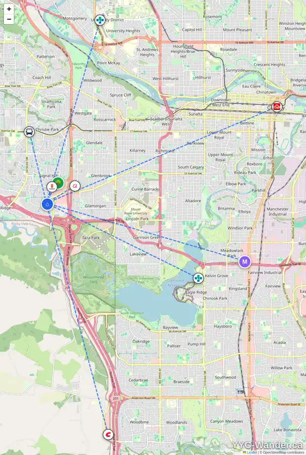 Daily accessibility map for 234 SIERRA MORENA CL SW, Calgary showing nearby schools, grocery stores, parks, LRT stations and nearby amenities