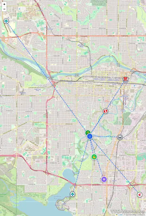 Daily accessibility map for 934 RIVERDALE AV SW, Calgary showing nearby schools, grocery stores, parks, LRT stations and nearby amenities