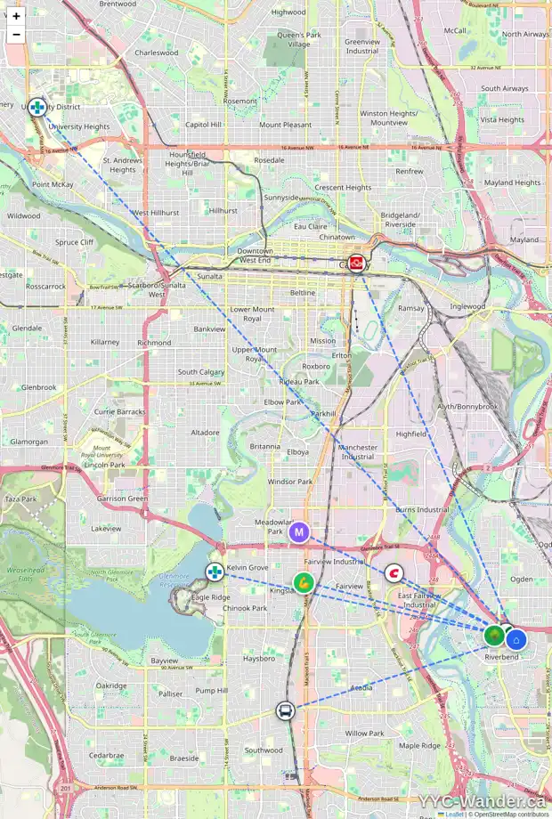 Daily accessibility map for 42 RIVERCREST VI SE, Calgary showing nearby schools, grocery stores, parks, LRT stations and nearby amenities