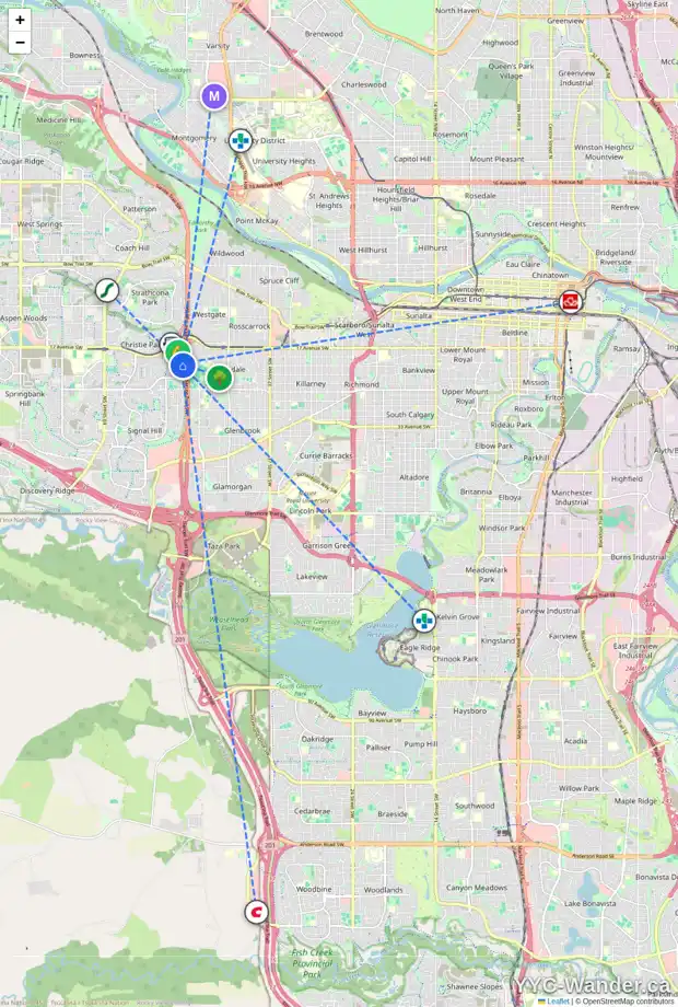 Daily accessibility map for 1007 1997 SIROCCO DR SW, Calgary showing nearby schools, grocery stores, parks, LRT stations and nearby amenities