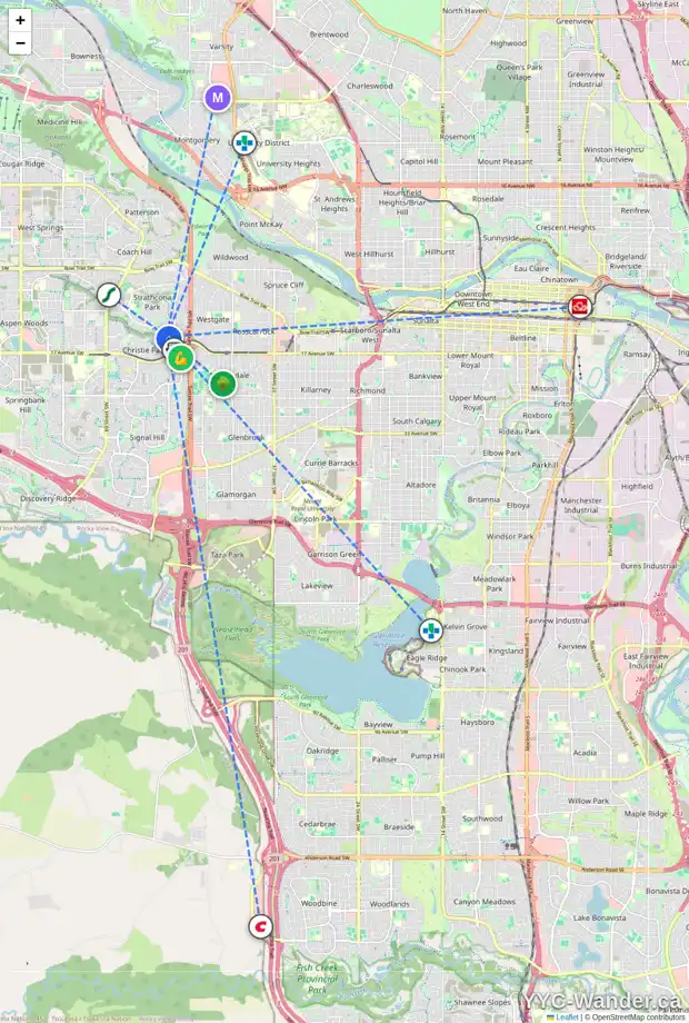 Daily accessibility map for 107 CHRISTIE PARK ME SW, Calgary showing nearby schools, grocery stores, parks, LRT stations and nearby amenities
