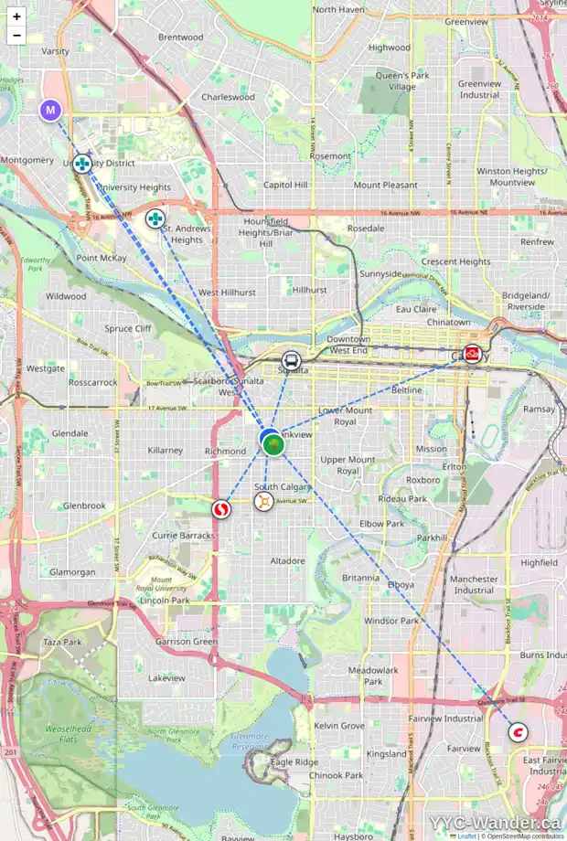 Daily accessibility map for 1904 23 AV SW, Calgary showing nearby schools, grocery stores, parks, LRT stations and nearby amenities