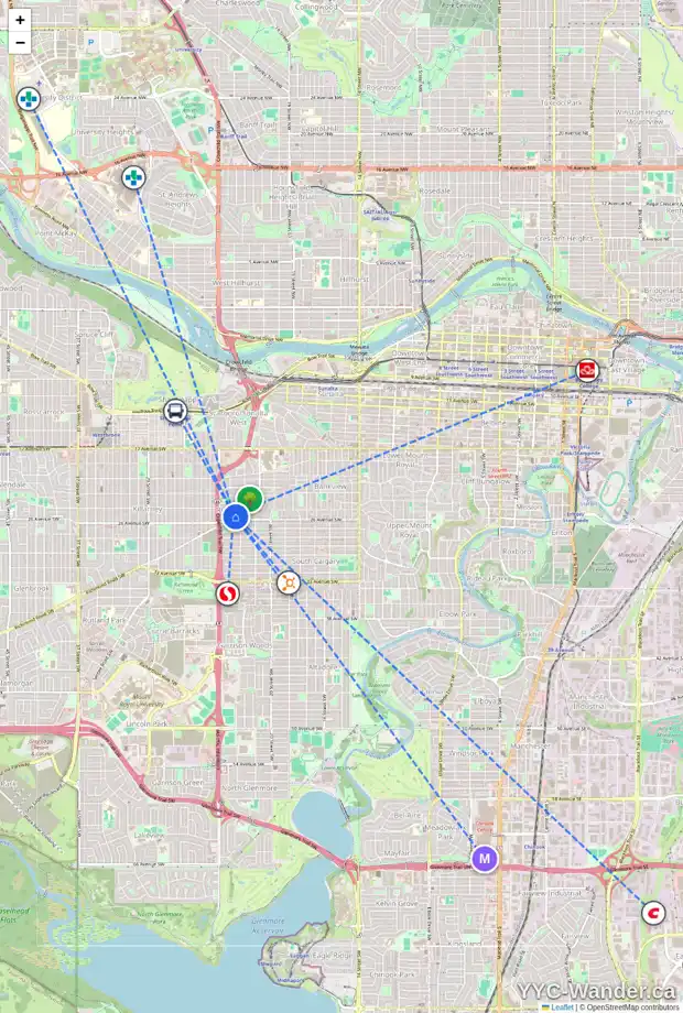 Daily accessibility map for 2415 RICHMOND RD SW, Calgary showing nearby schools, grocery stores, parks, LRT stations and nearby amenities