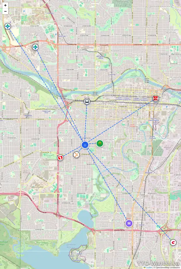 Daily accessibility map for 1732 29 AV SW, Calgary showing nearby schools, grocery stores, parks, LRT stations and nearby amenities